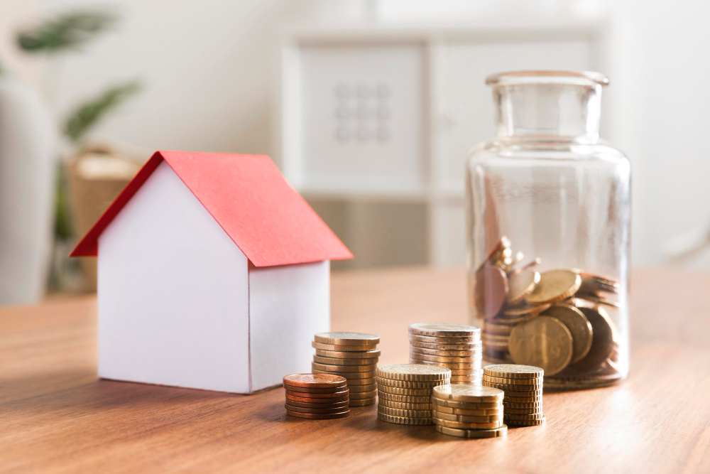 Model house with stacked coins and savings jar representing mortgage protection coverage